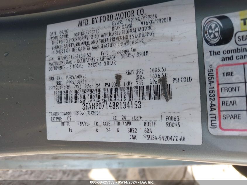 2008 Ford Fusion Se VIN: 3FAHP07148R134153 Lot: 39425359