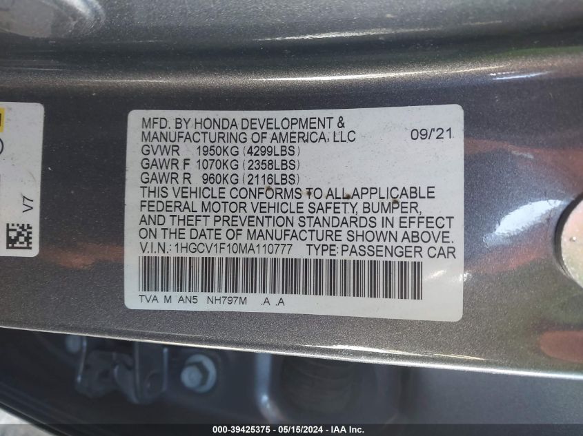 2021 Honda Accord Lx VIN: 1HGCV1F10MA110777 Lot: 39425375