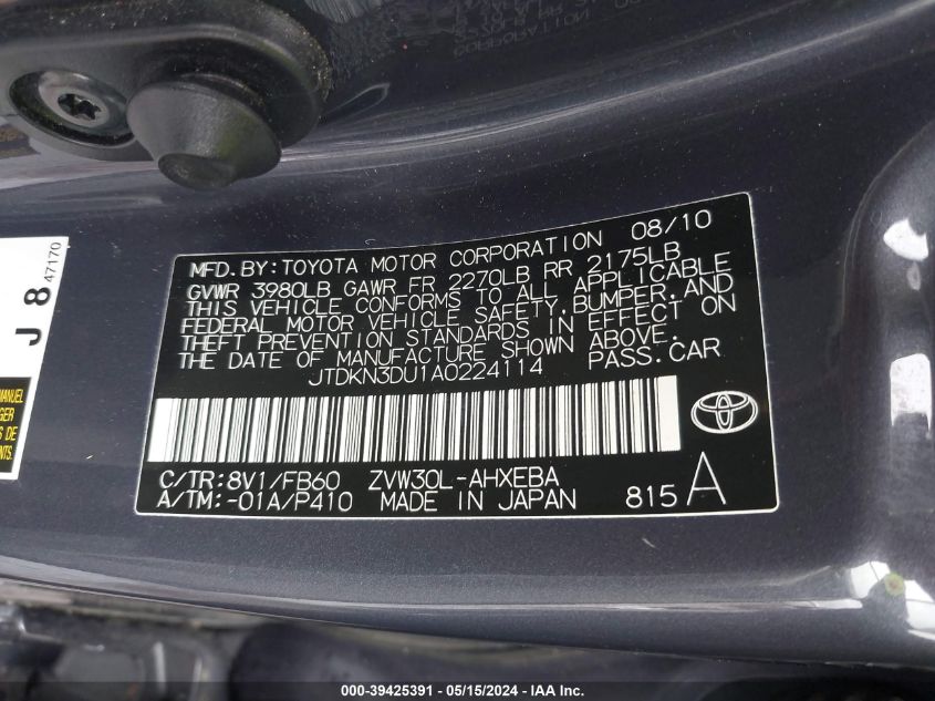 2010 Toyota Prius Ii VIN: JTDKN3DU1A0224114 Lot: 39425391