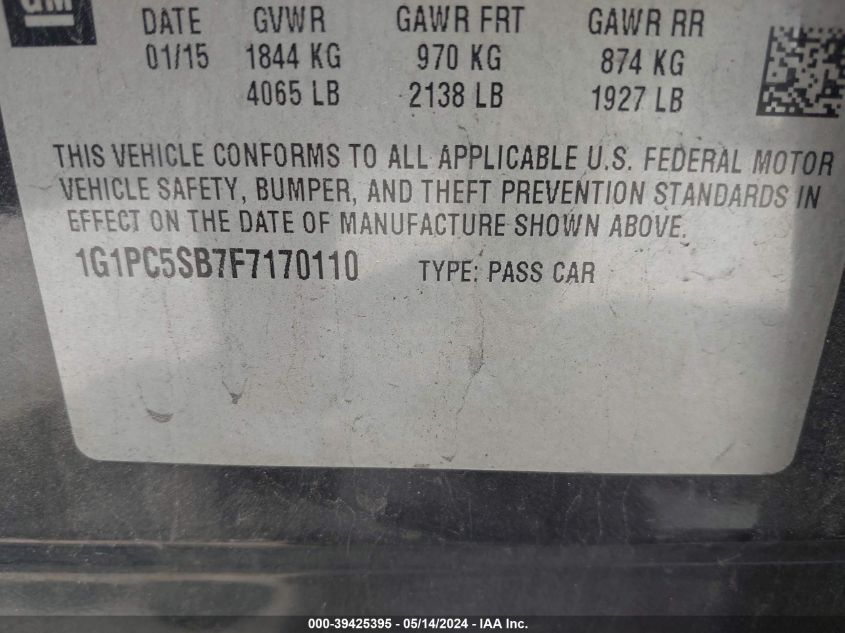 2015 Chevrolet Cruze 1Lt Auto VIN: 1G1PC5SB7F7170110 Lot: 39425395