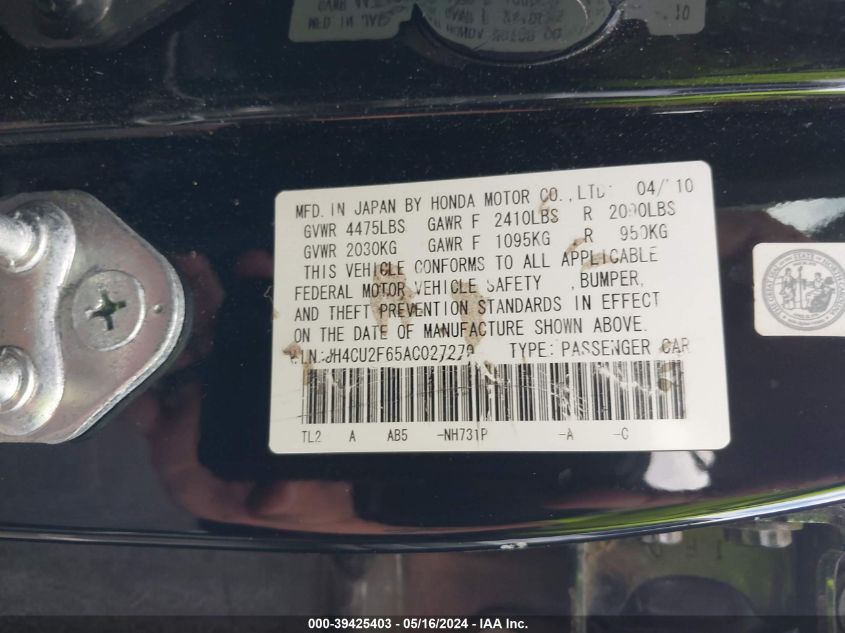 2010 Acura Tsx VIN: JH4CU2F65AC027279 Lot: 39425403