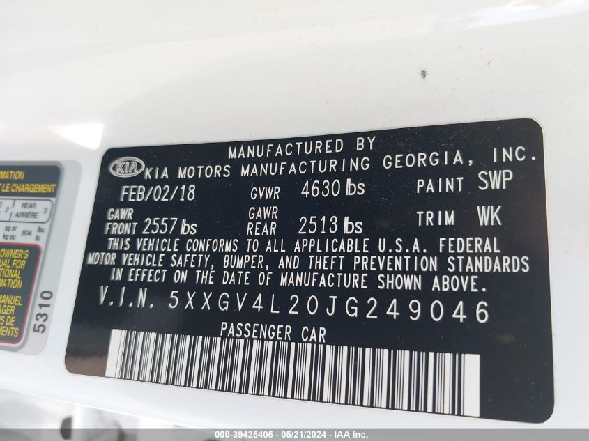 2018 Kia Optima Sx Turbo VIN: 5XXGV4L20JG249046 Lot: 39425405