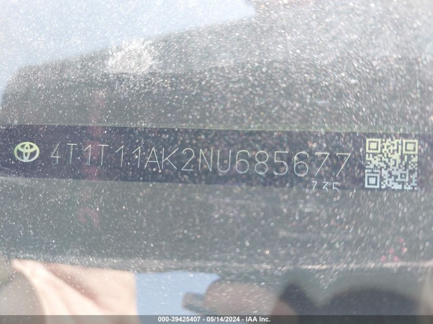 2022 Toyota Camry Se VIN: 4T1T11AK2NU685677 Lot: 39425407