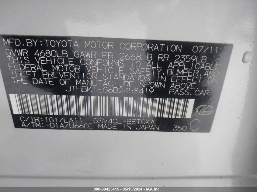2011 Lexus Es 350 VIN: JTHBK1EG6B2458419 Lot: 39425415