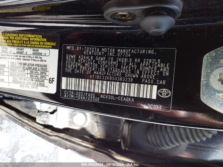 2005 Toyota Camry Xle VIN: 4T1BE32K85U383238 Lot: 39425424