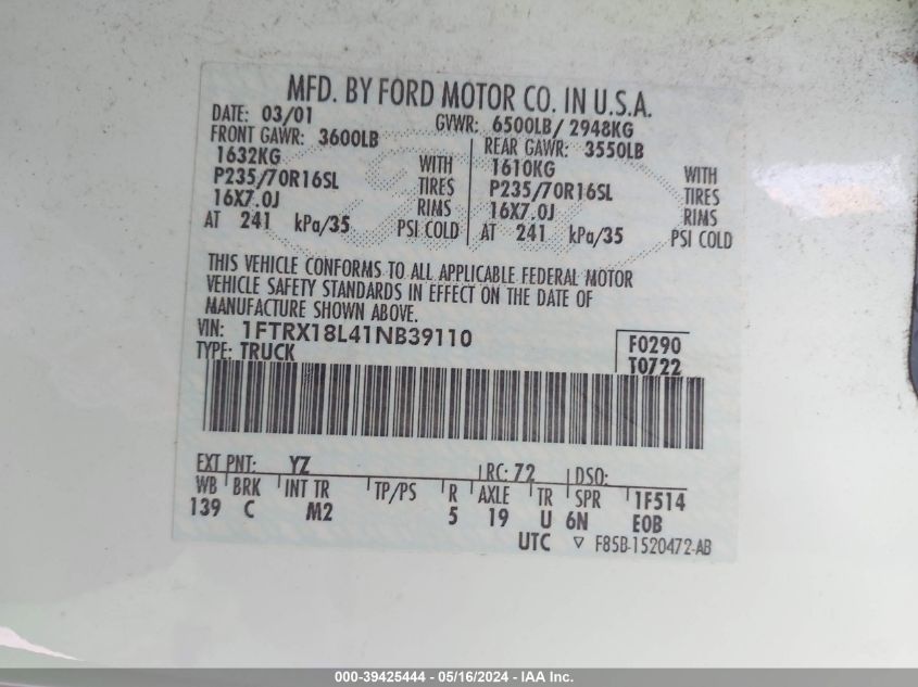 2001 Ford F-150 Lariat/Xl/Xlt VIN: 1FTRX18L41NB39110 Lot: 39425444