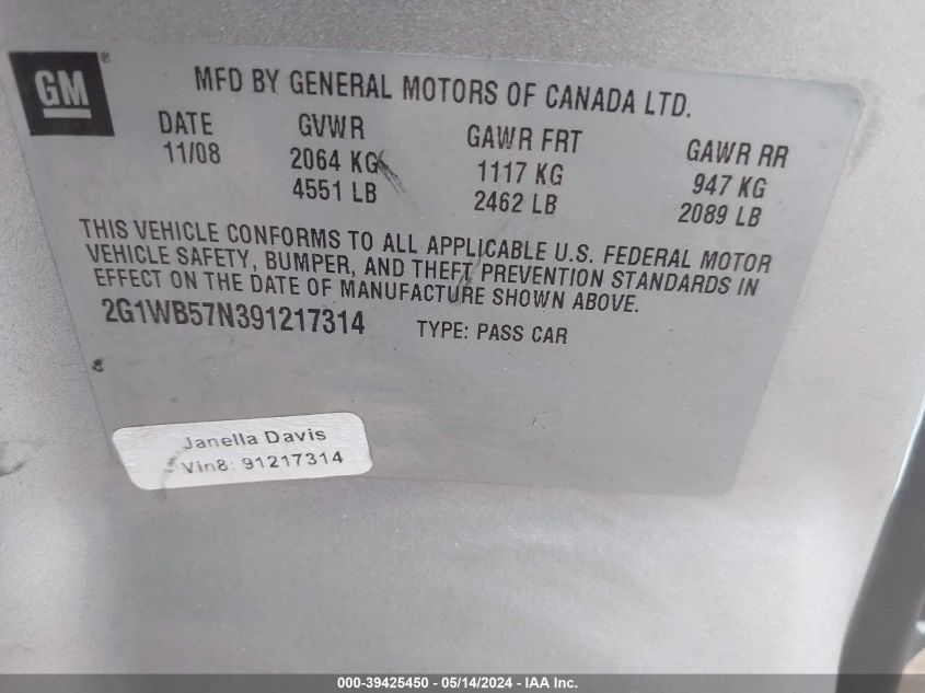 2009 Chevrolet Impala Ls VIN: 2G1WB57N391217314 Lot: 39425450