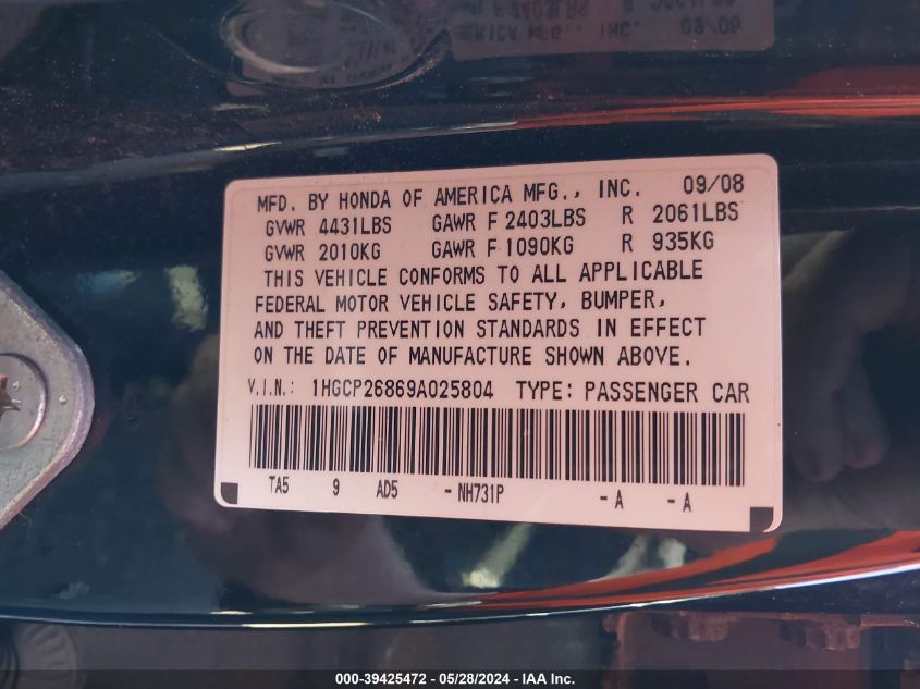 2009 Honda Accord 2.4 Ex-L VIN: 1HGCP26869A025804 Lot: 39425472