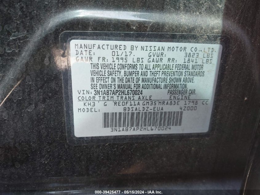 2017 Nissan Sentra Sv VIN: 3N1AB7AP2HL670024 Lot: 39425477