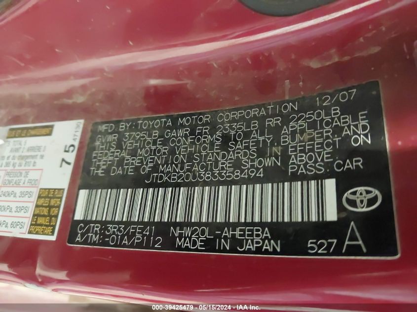 2008 Toyota Prius VIN: JTDKB20U383358494 Lot: 39425479