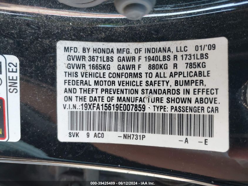2009 Honda Civic Lx-S VIN: 19XFA15619E007859 Lot: 39425489