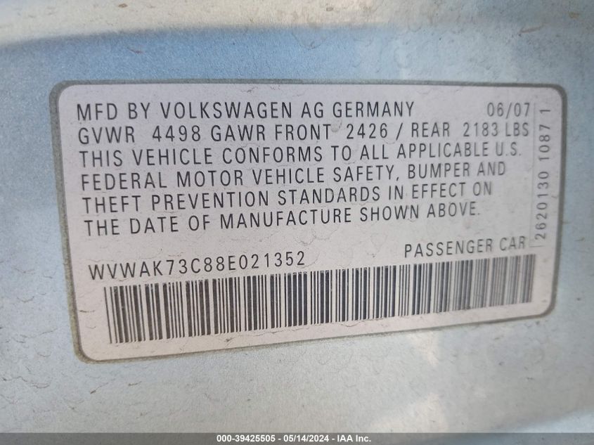 2008 Volkswagen Passat Komfort VIN: WVWAK73C88E021352 Lot: 39425505