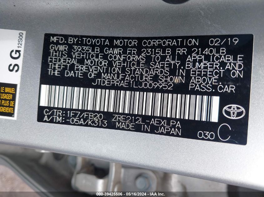 2020 Toyota Corolla Le VIN: JTDEPRAE1LJ009952 Lot: 39425506