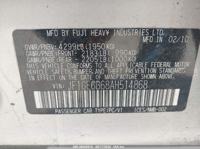 2010 Subaru Impreza 2.5I Premium VIN: JF1GE6B68AH514868 Lot: 39425510