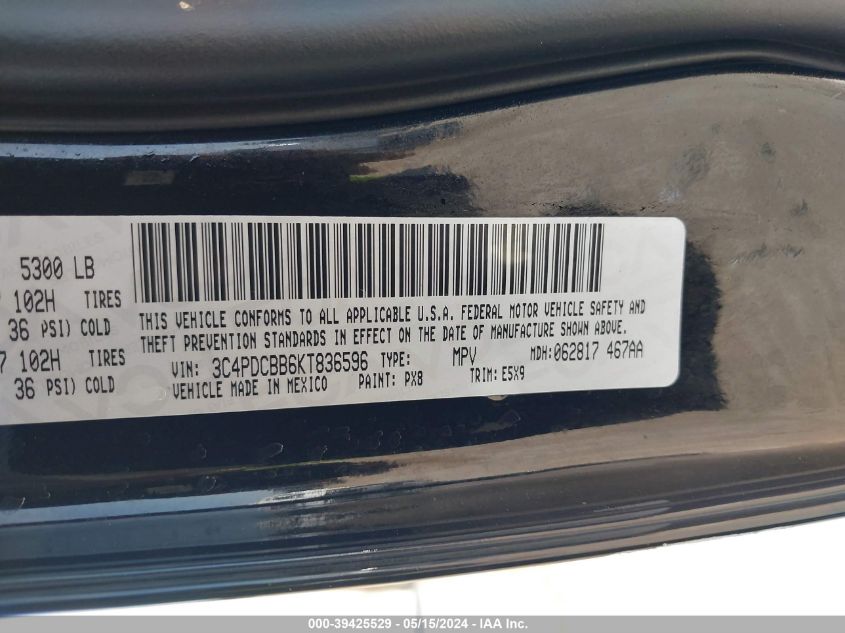 2019 Dodge Journey Se VIN: 3C4PDCBB6KT836596 Lot: 39425529