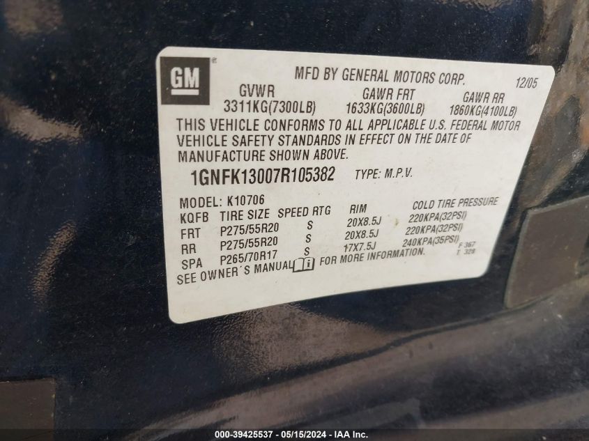 2007 Chevrolet Tahoe Ltz VIN: 1GNFK13007R105382 Lot: 39425537