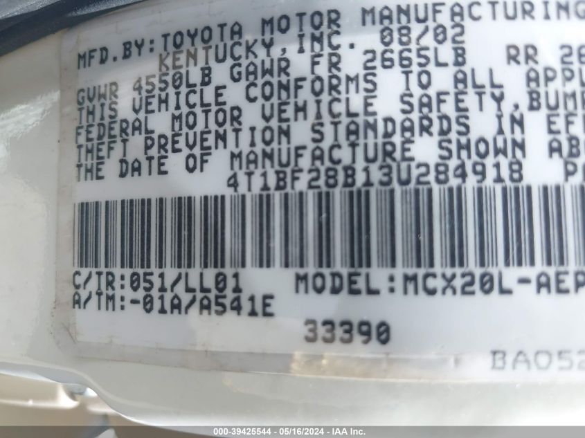 2003 Toyota Avalon Xl VIN: 4T1BF28B13U284918 Lot: 39425544