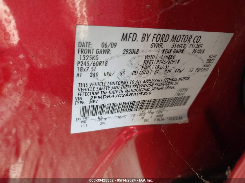 2010 Ford Edge Sel VIN: 2FMDK4JC2ABA05269 Lot: 39425552