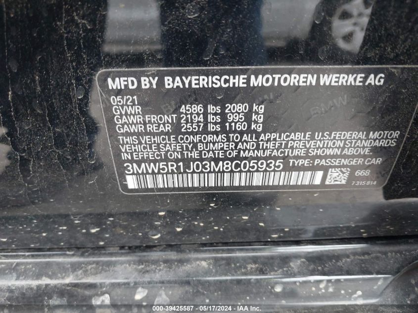 2021 BMW 330I VIN: 3MW5R1J03M8C05935 Lot: 39425587
