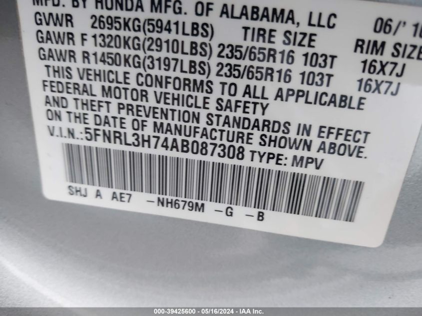 2010 Honda Odyssey Ex-L VIN: 5FNRL3H74AB087308 Lot: 39425600