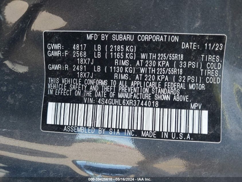2024 Subaru Crosstrek Limited VIN: 4S4GUHL6XR3744018 Lot: 39425610