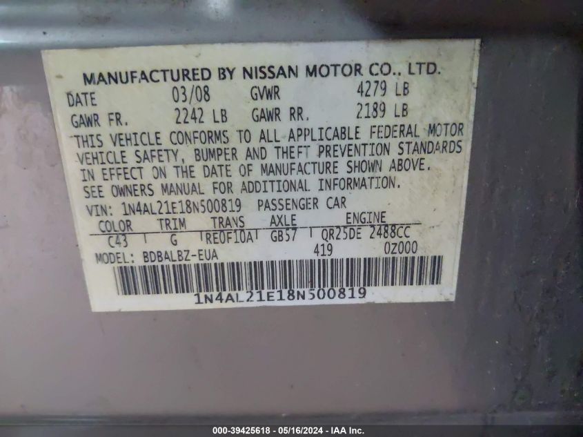 2008 Nissan Altima 2.5 S VIN: 1N4AL21E18N500819 Lot: 39425618