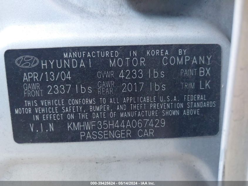 2004 Hyundai Sonata Gls/Lx VIN: KMHWF35H44A067429 Lot: 39425624