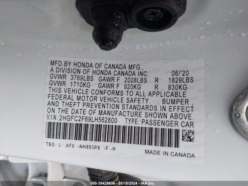 2020 Honda Civic Lx VIN: 2HGFC2F69LH562800 Lot: 39425636