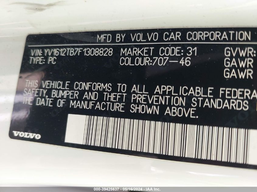 2015 Volvo S60 T5 Premier VIN: YV1612TB7F1308828 Lot: 39425637