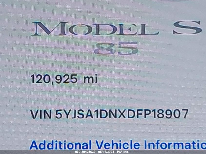 2013 Tesla Model S VIN: 5YJSA1DNXDFP18907 Lot: 39425639