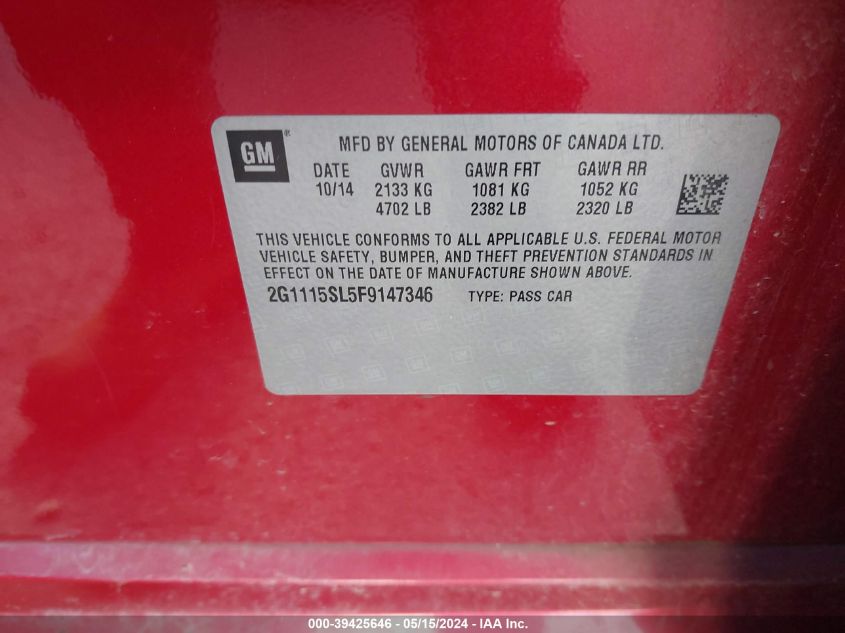 2015 Chevrolet Impala 1Lt VIN: 2G1115SL5F9147346 Lot: 39425646