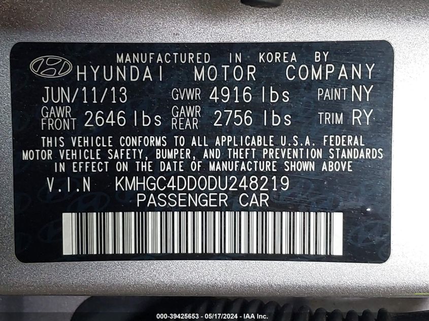 2013 Hyundai Genesis 3.8 VIN: KMHGC4DD0DU248219 Lot: 39425653