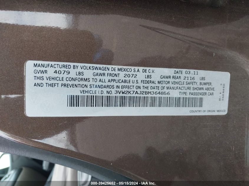2011 Volkswagen Jetta 2.0L S VIN: 3VW2K7AJ2BM364856 Lot: 39425652