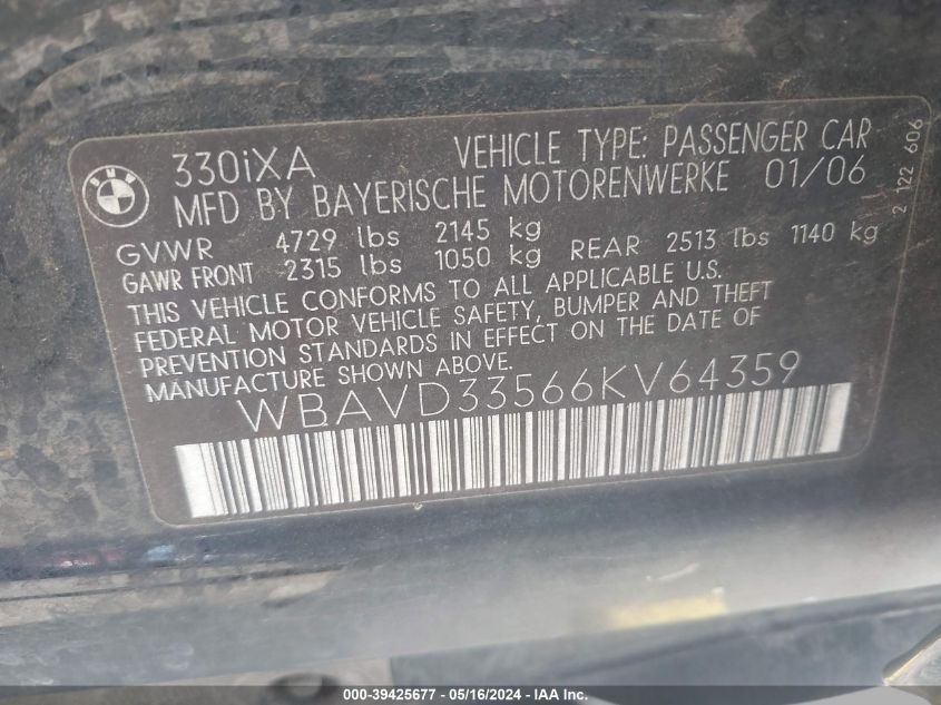 2006 BMW 330Xi VIN: WBAVD33566KV64359 Lot: 39425677