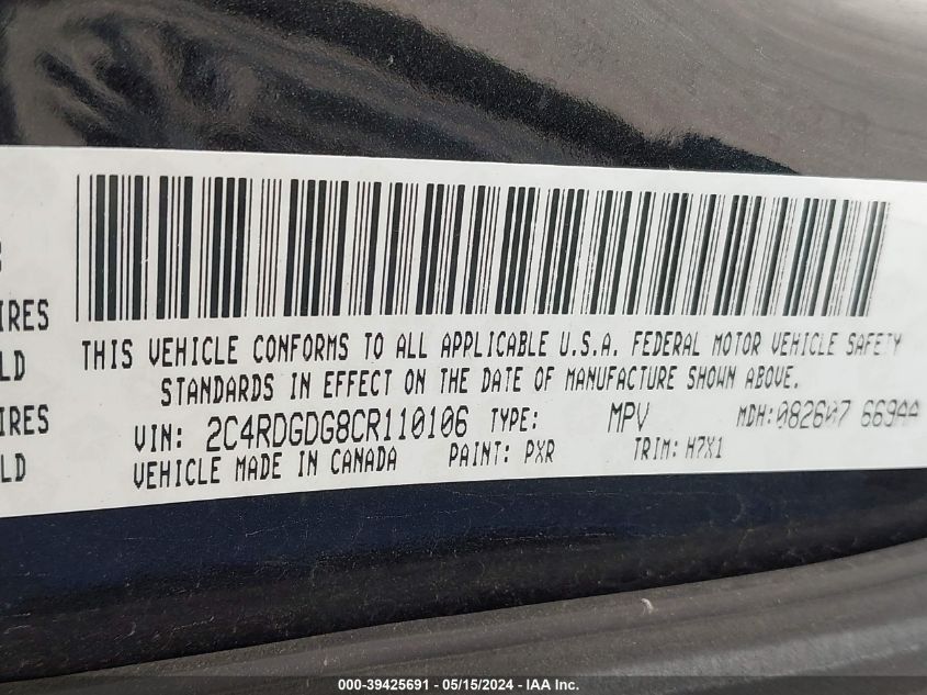 2012 Dodge Grand Caravan Crew VIN: 2C4RDGDG8CR110106 Lot: 39425691