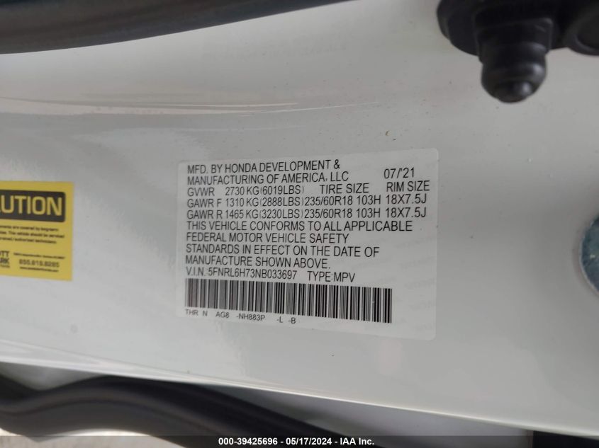 2022 Honda Odyssey Exl VIN: 5FNRL6H73NB033697 Lot: 39425696