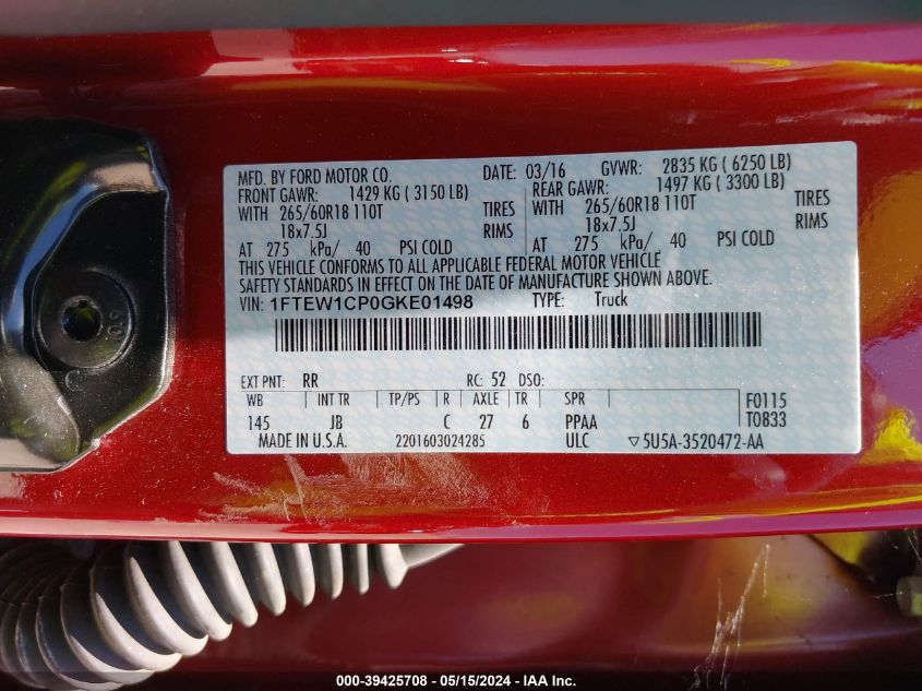 2016 Ford F-150 Xlt VIN: 1FTEW1CP0GKE01498 Lot: 39425708