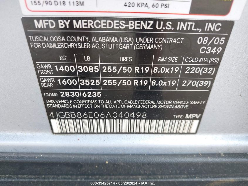 2006 Mercedes-Benz Ml 350 4Matic VIN: 4JGBB86E06A040498 Lot: 39425714