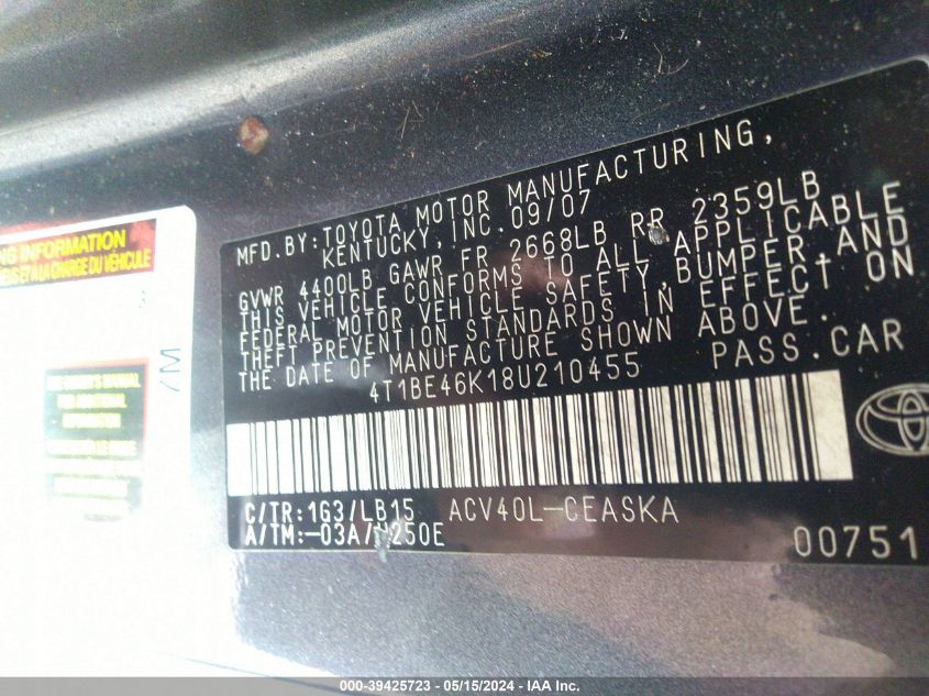 2008 Toyota Camry Se VIN: 4T1BE46K18U210455 Lot: 39425723