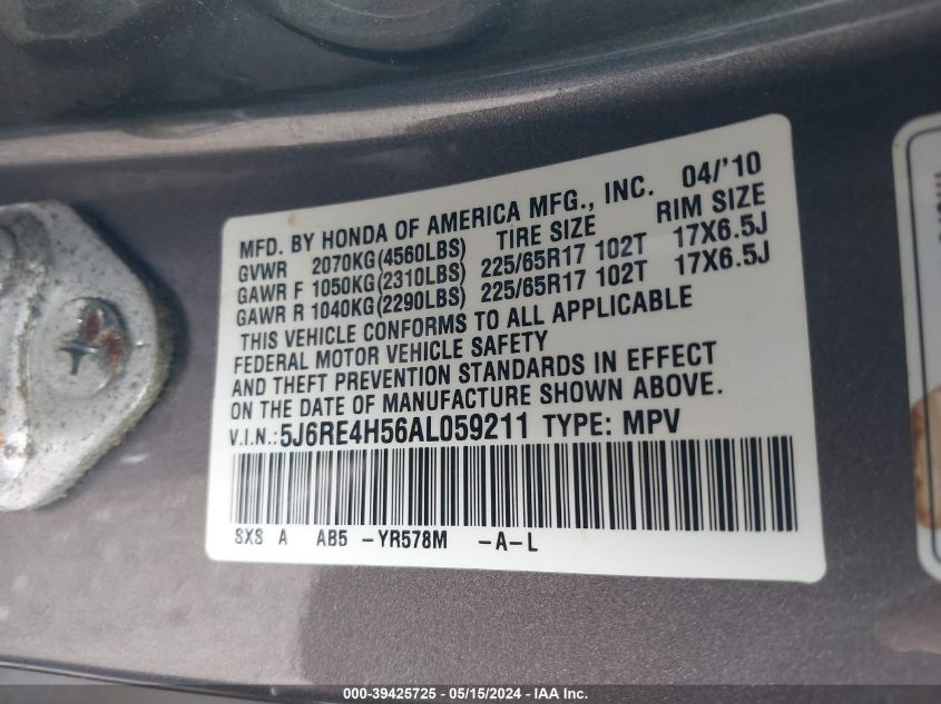 2010 Honda Cr-V Ex VIN: 5J6RE4H56AL059211 Lot: 39425725