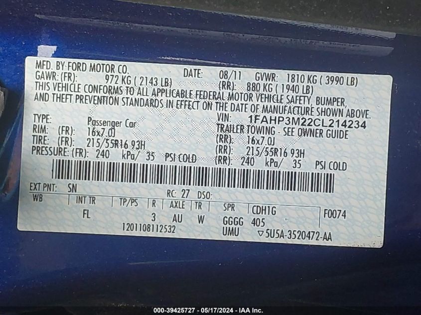 2012 Ford Focus Sel VIN: 1FAHP3M22CL214234 Lot: 39425727