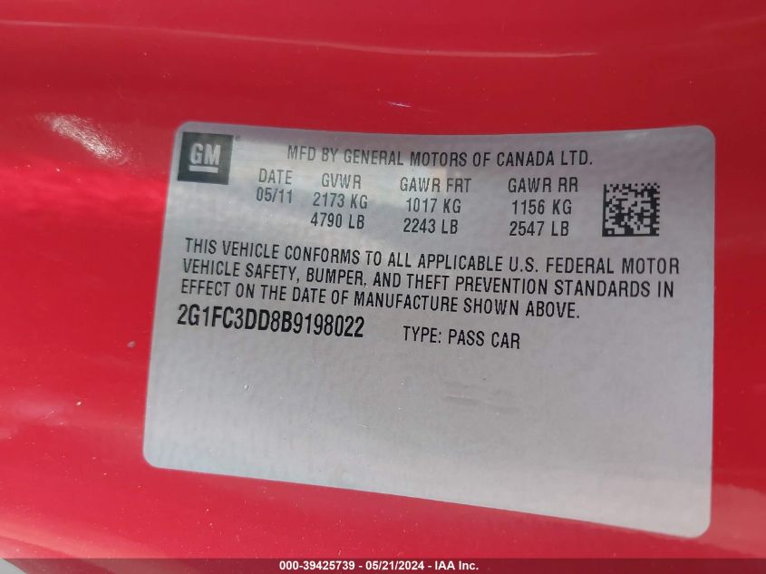 2011 Chevrolet Camaro 2Lt VIN: 2G1FC3DD8B9198022 Lot: 39425739