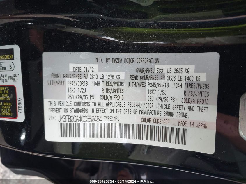 2012 Mazda Cx-9 Touring VIN: JM3TB2CA4C0352484 Lot: 39425754