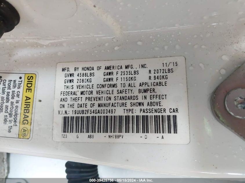 2016 Acura Tlx V6 Tech VIN: 19UUB2F54GA003497 Lot: 39425756