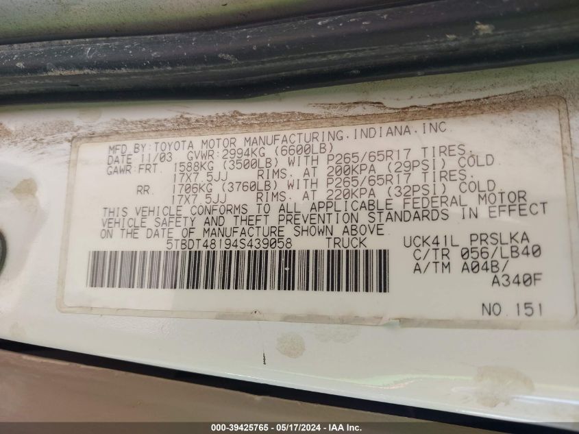 2004 Toyota Tundra Limited V8 VIN: 5TBDT48194S439058 Lot: 39425765