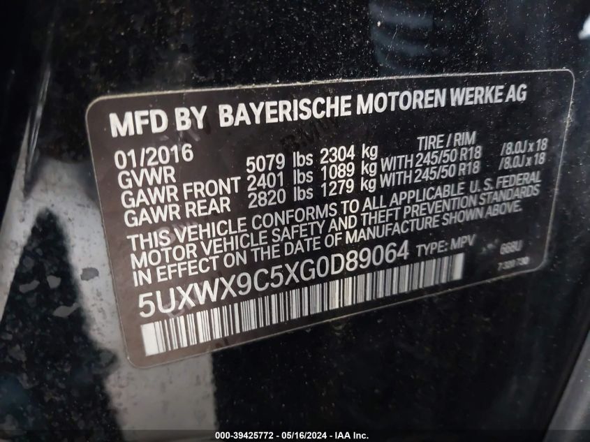 2016 BMW X3 xDrive28I VIN: 5UXWX9C5XG0D89064 Lot: 39425772