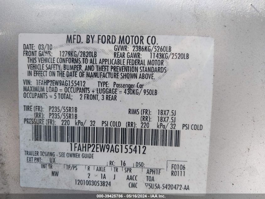 2010 Ford Taurus Sel VIN: 1FAHP2EW9AG155412 Lot: 39425786