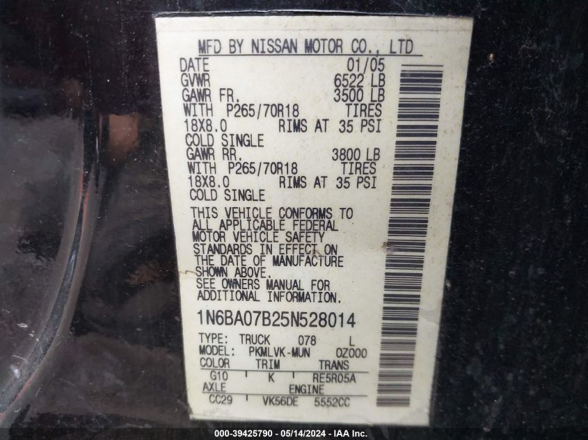 2005 Nissan Titan Le VIN: 1N6BA07B25N528014 Lot: 39425790
