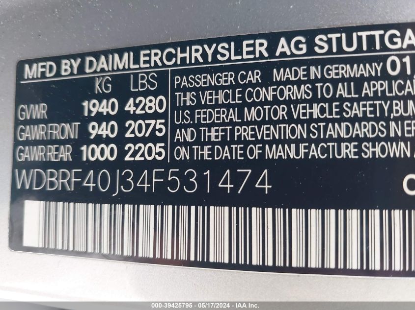 2004 Mercedes-Benz C 230 Kompressor Sport/Sport VIN: WDBRF40J34F531474 Lot: 39425795
