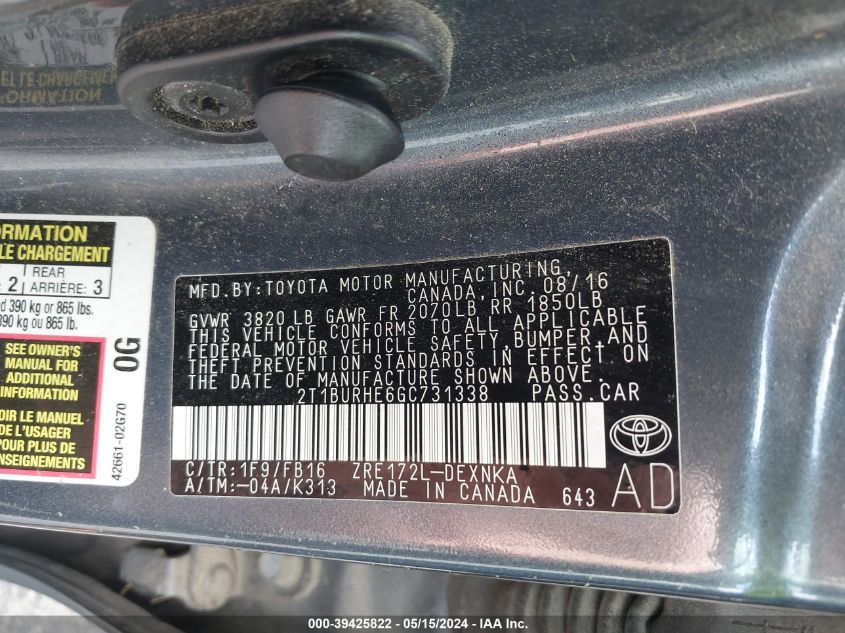 2016 Toyota Corolla Le VIN: 2T1BURHE6GC731338 Lot: 39425822